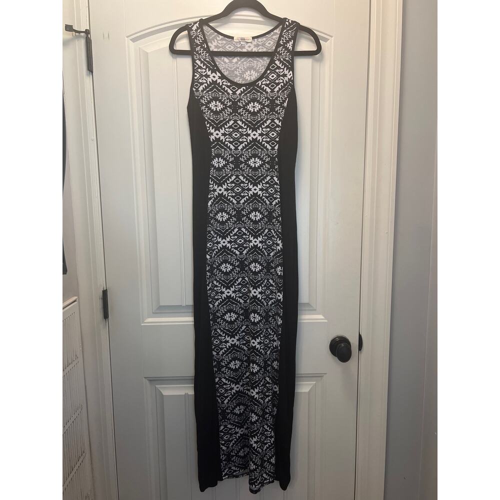 Love Blossom Women’s Sleeveless Scoop Neck Geometric Maxi Dress Sz M Black White